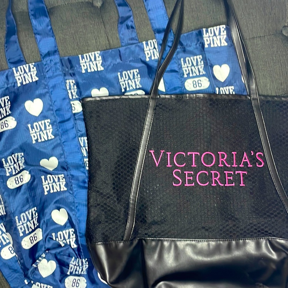 Victoria’s Secret pink love pink beach bags tote set of 2 weekend getaway